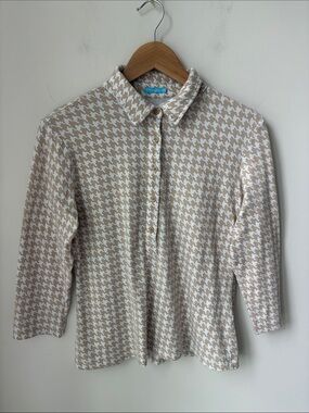 J. McLaughlin Houndstooth Lauderdale Top In Tan Modal Blend 1/2 Button Size M